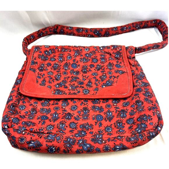 Red and Navy with white purse 10 x 10 x 2" cloth bag 14" tall strap - Picture 1 of 7